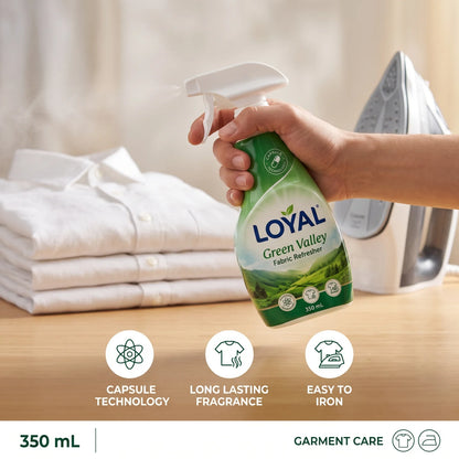 LOYAL Green Valley Fabric Refresher – 350 mL Spray Bottle | Easy to Iron | Capsule Technology