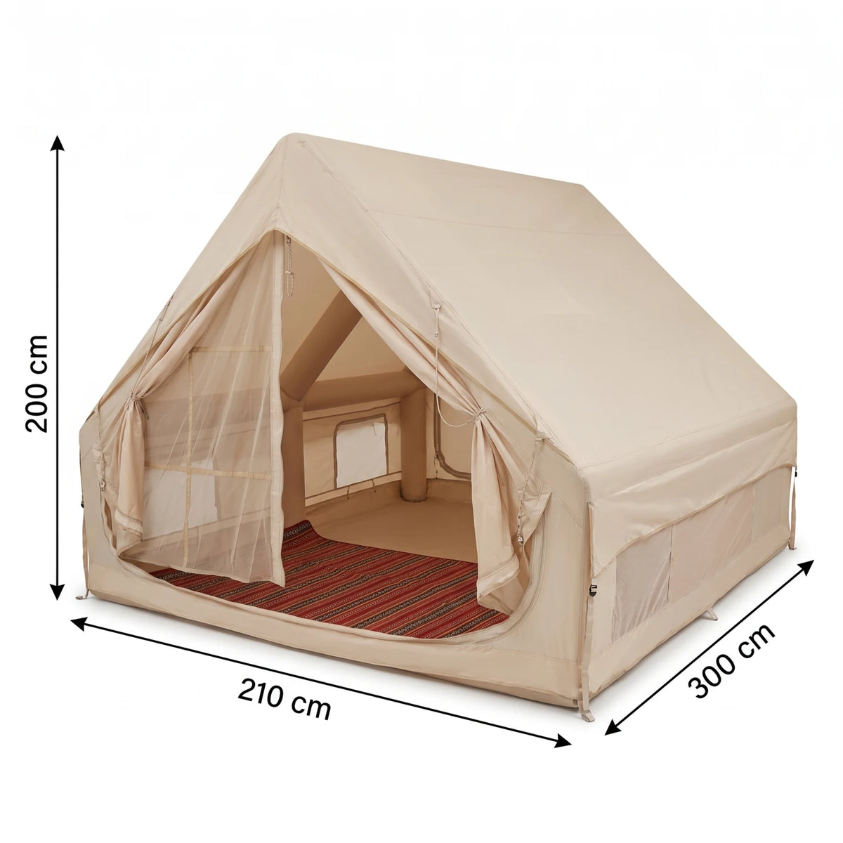 Large Beige Inflatable Camping Tent – 200 x 210 x 300 cm | Peaked Roof, Zippered Doorway, Multiple Window Panels | Outdoor Inflatable Shelter