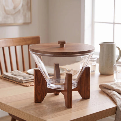 SALAD SERVING SET G-5054B – Thick Acrylic Clear Bowl with Wooden Lid and Holder | Salad Serving Bowl Set for Home Dining