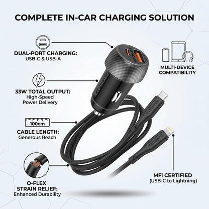 PROMATE 2in1 CarKit Dual-Port Car Charger with 100cm USB-C to Lightning Cable – 33W Power Delivery, O-FLEX Strain Relief, Black