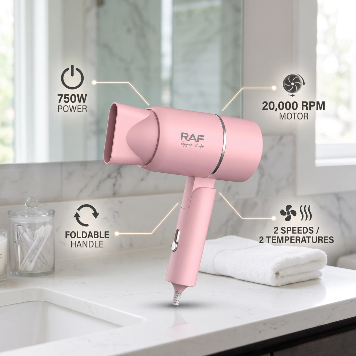 RAF Hair Dryer R.4614 – Pink 750W, 20,000 RPM | 2 Speeds & 2 Temperatures | Foldable Handle, Lightweight Low-Noise Design, Overheat Protection