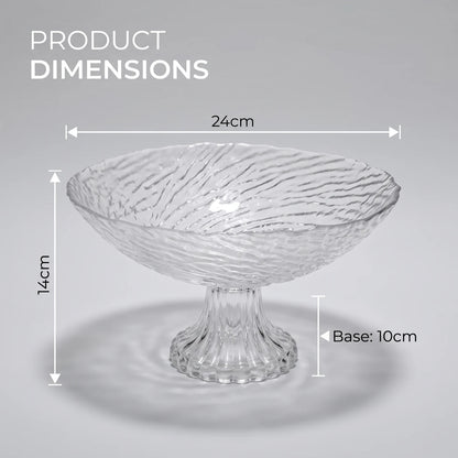 Clear Glass Decorative Pedestal Fruit Bowl – 24cm Textured Rippled Surface, Footed Base for Fruits and Desserts