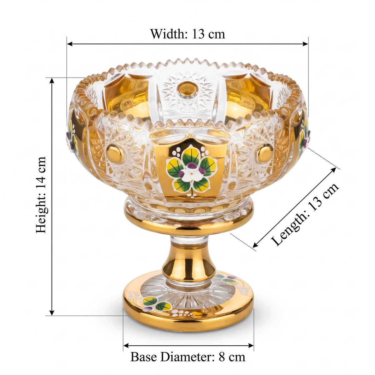 M.E.W Ornate Gold-Painted Floral Enamel Glass Candy Bowl – 14 cm Pedestal Dish with Scalloped Rim and Decorative Cut-Glass-Style Pattern