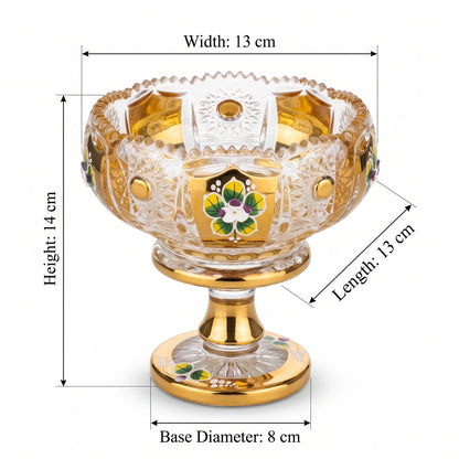 M.E.W Ornate Gold-Painted Floral Enamel Glass Candy Bowl – 14 cm Pedestal Dish with Scalloped Rim and Decorative Cut-Glass-Style Pattern