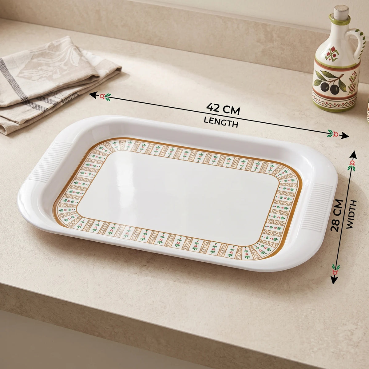 Melamine Serving Tray 42 x 28 cm – White Rectangular Platter with Gold, Green & Red Decorative Border and Raised Rim