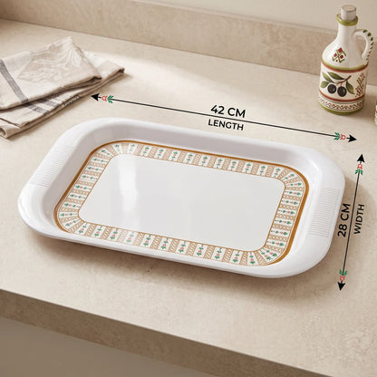 Melamine Serving Tray 42 x 28 cm – White Rectangular Platter with Gold, Green & Red Decorative Border and Raised Rim