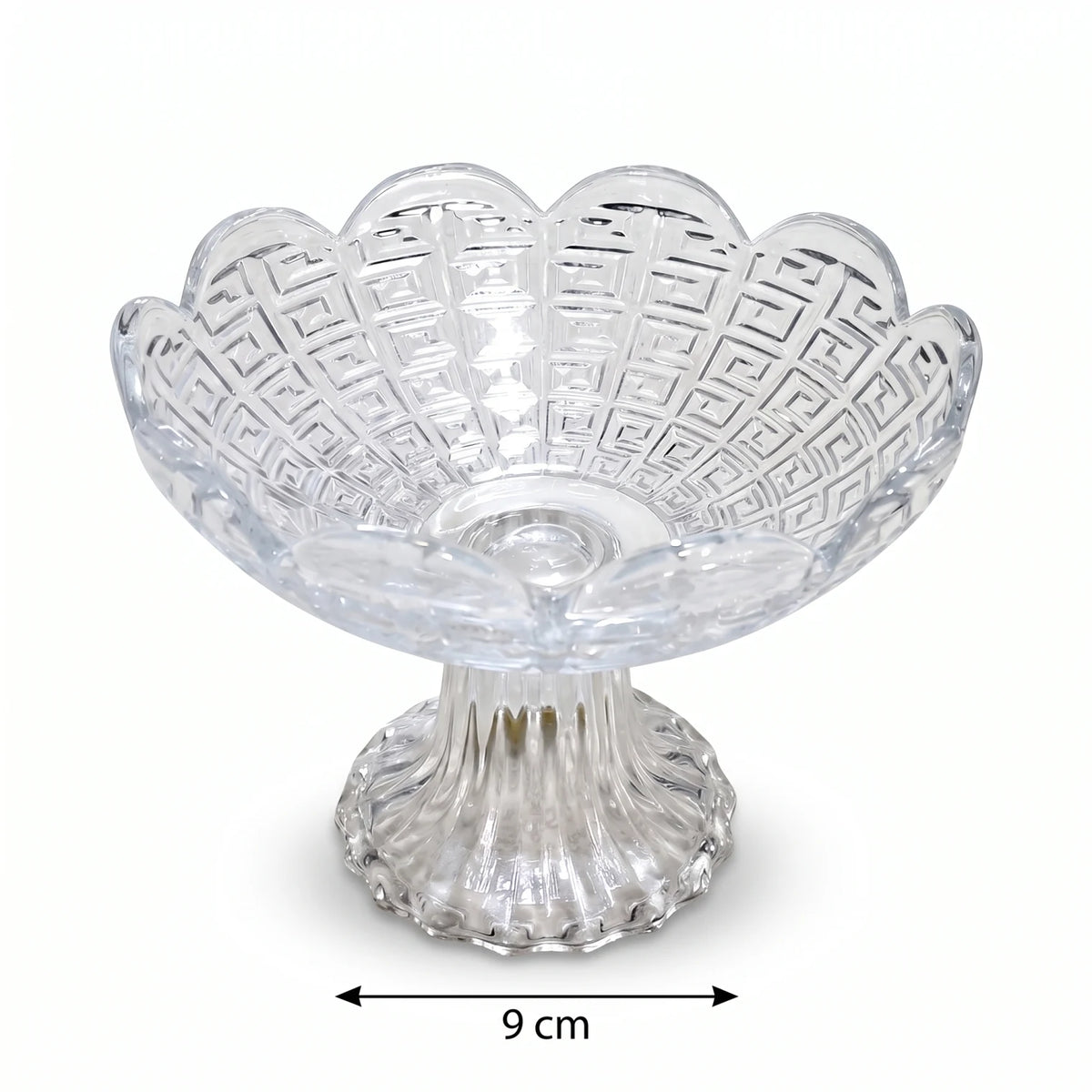 Decorative Glass Fruit Bowl – 16 x 16 x 12 cm | Greek-Key Pattern | Fluted Pedestal Base | For Fruits and Desserts