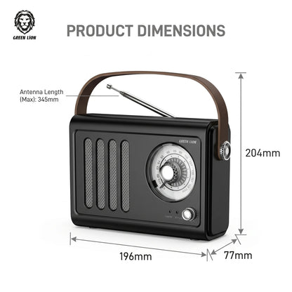 GREEN LION Vintage Radio Speaker – Black Bluetooth FM Radio with Classic Analog Dial, Telescopic Antenna, USB and AUX Inputs, 6.5-Hour Playtime