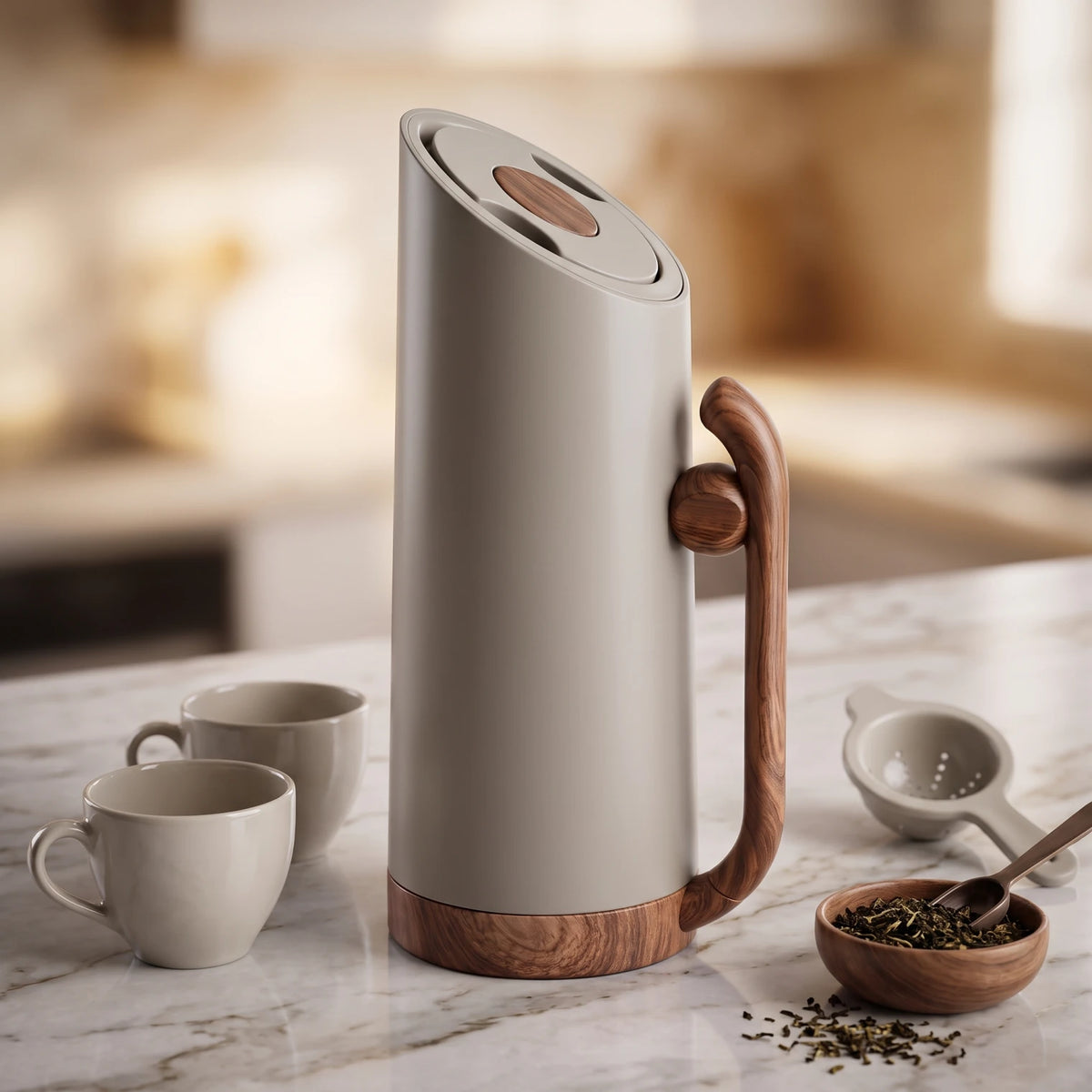 MAHRA Modern Grey vaccum flask – 0.8L | Wood Grain Handle and Base | Leak-Proof Tea and Coffee Flask