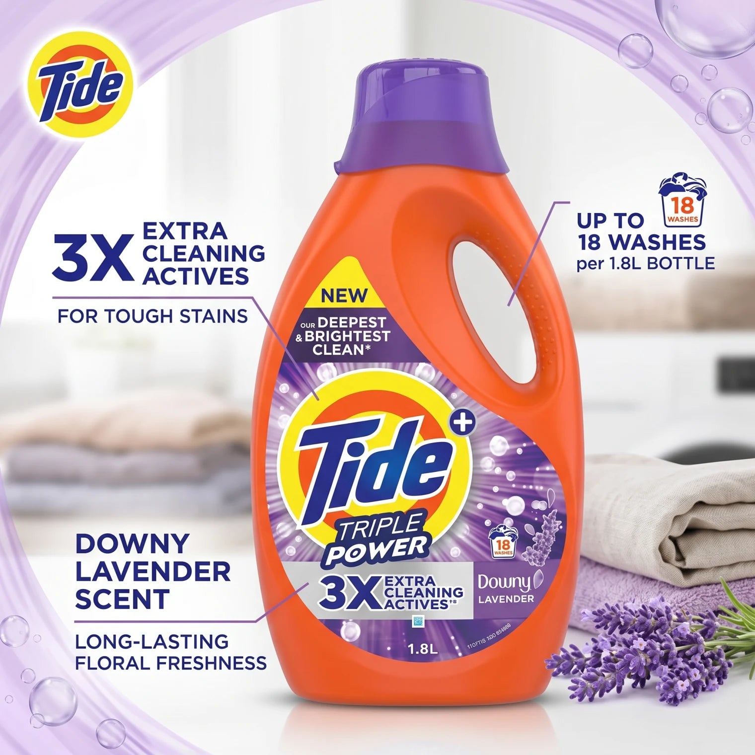 Tide Triple Power Laundry Detergent with Downy Lavender Scent, 1.8L | 18 Washes and 3X Extra Cleaning Actives