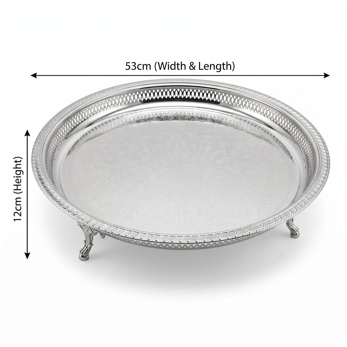Raised Stainless Steel Round Serving Tray – 53cm Silver | Engraved Center Pattern | Ornate Pierced Rim | Decorative Feet
