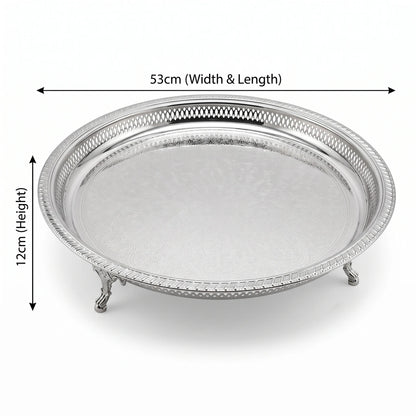 Raised Stainless Steel Round Serving Tray – 53cm Silver | Engraved Center Pattern | Ornate Pierced Rim | Decorative Feet
