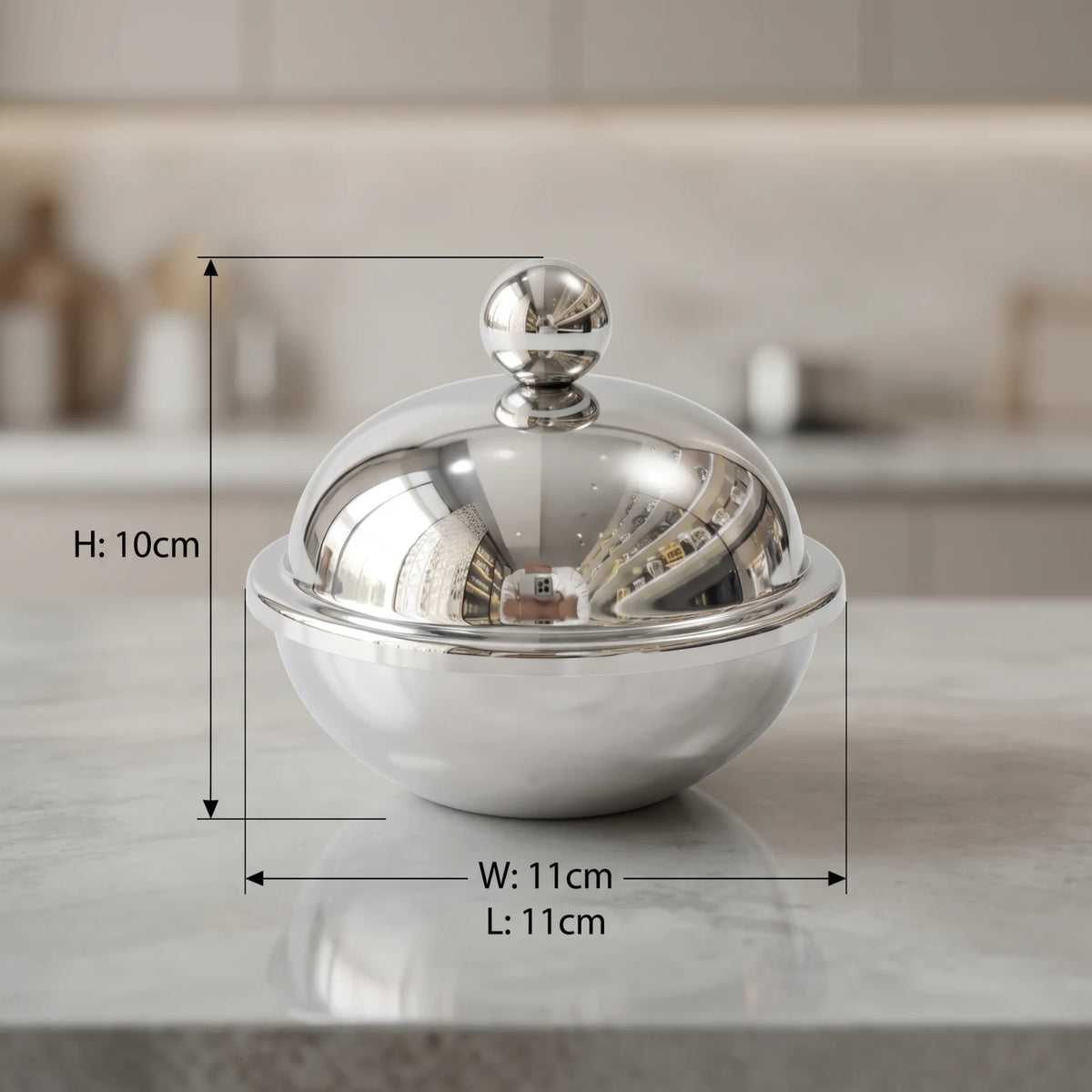 Dallah Addar Silver Platinum Steel Candy Pot with Lid – Small or Medium | Polished Round Covered Sugar Bowl for Candies and Nuts Serving - Small - Image 2