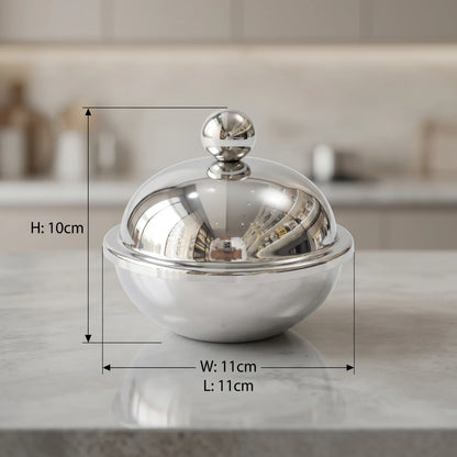 Dallah Addar Silver Platinum Steel Candy Pot with Lid – Small or Medium | Polished Round Covered Sugar Bowl for Candies and Nuts Serving - Small - Image 2