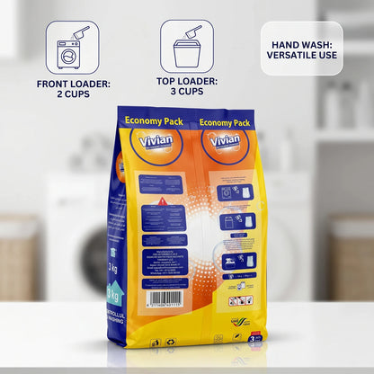 Vivian Economy Pack Detergent Powder 3 kg – Front & Top Loader Formula | Hand Wash Use | Fresh & Soft Touch