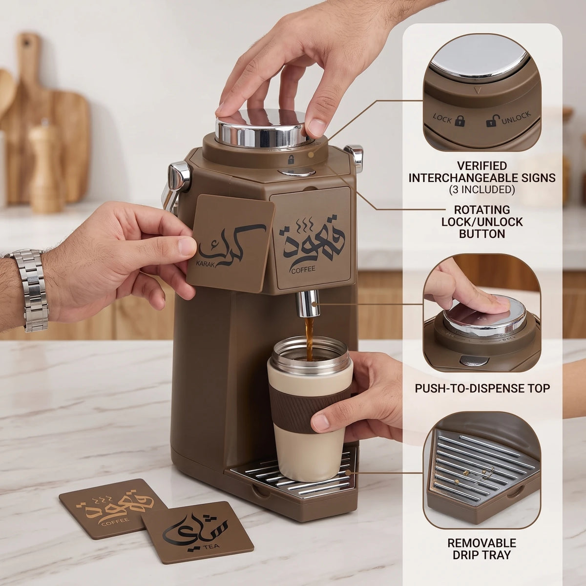 MAHRA 1.9 Liter Vacuum Flask – Leak-Proof Hot & Cold Beverage Jug with Handle, Push Dispensing and Interchangeable Tea, Coffee & Karak Signs - Brown - Image 2