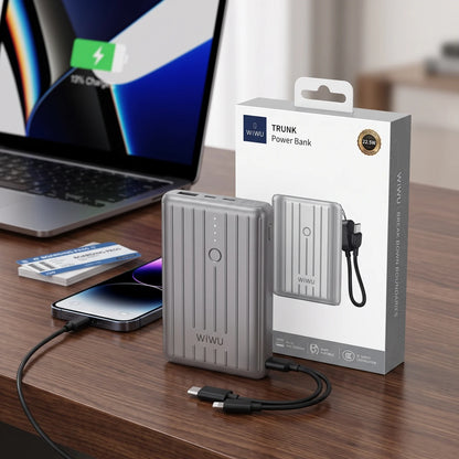 WiWU TRUNK Power Bank 10000mAh 22.5W – PD+QC Fast Charger, Mini Portable Design, Battery Indicator Lights, 3C Safety Certification, Gray/Silver