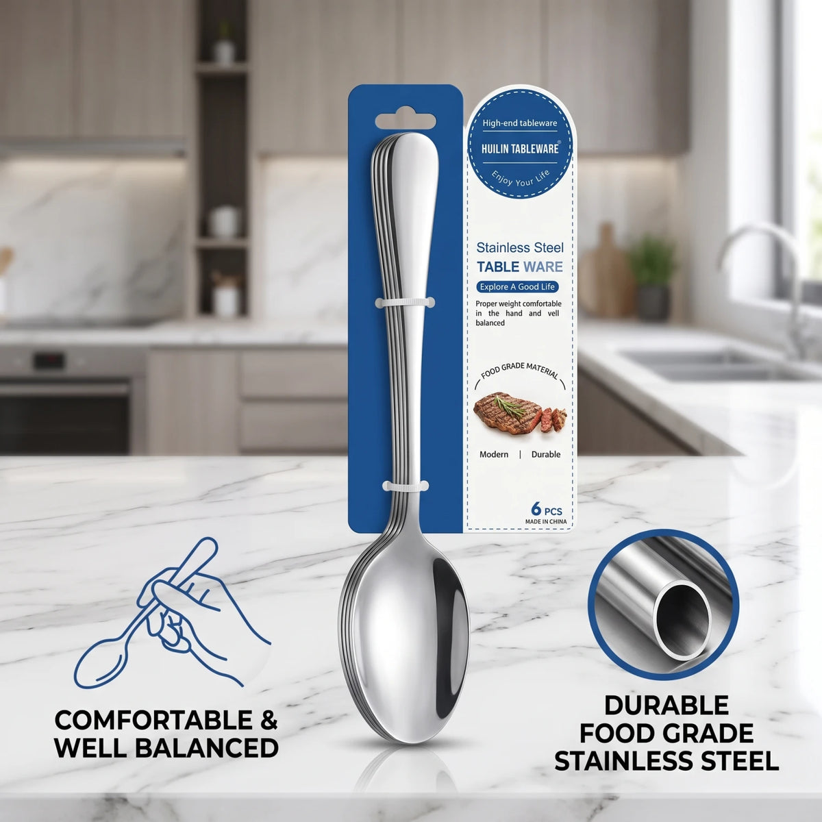 HUILIN TABLEWARE Stainless Steel Table Ware Spoons, 6 PCS – Food Grade Silver Tableware Set with Balanced, Comfortable Design for a Modern Table Setting