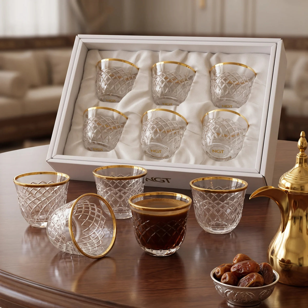 NGT 6 Pieces Glass Arabic Coffee Cups Set – Faceted Diamond Pattern, Gold-Colored Rim, Clear Glasses in Presentation Box