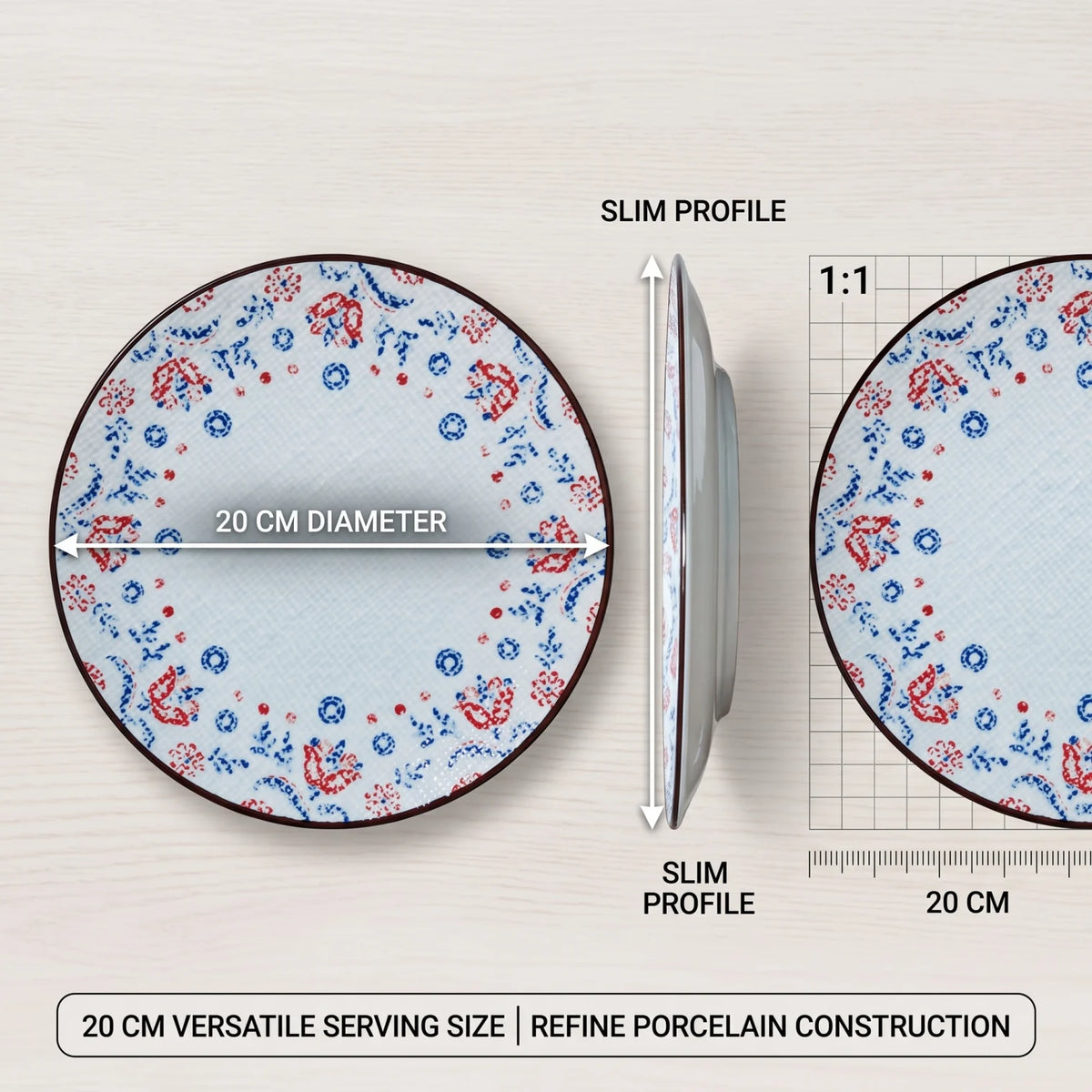 20 CM Porcelain Fruit Plate – Light Blue and White Decorative Plate with Red-and-Blue Floral Motifs and Dark Brown Rim