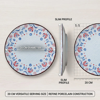 20 CM Porcelain Fruit Plate – Light Blue and White Decorative Plate with Red-and-Blue Floral Motifs and Dark Brown Rim