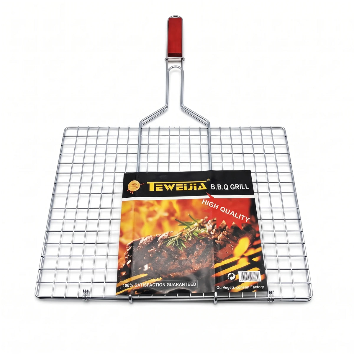 Teweijia Portable Barbecue Grill Foldable with Handle – 60 × 39 × 2 cm Silver Wire BBQ Grill Basket Rack with Long Handle
