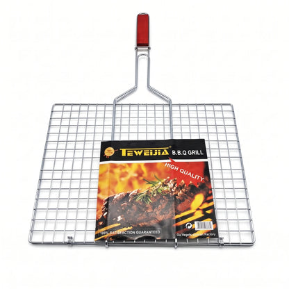 Teweijia Portable Barbecue Grill Foldable with Handle – 60 × 39 × 2 cm Silver Wire BBQ Grill Basket Rack with Long Handle