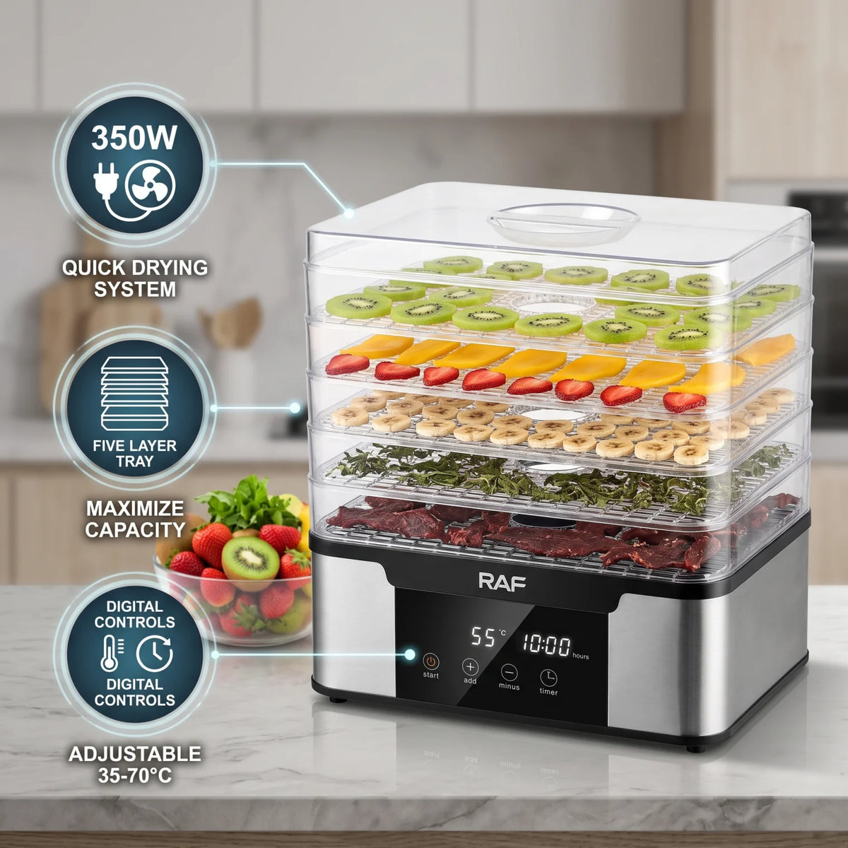 RAF Dried Fruit Machine R.6801 – 350W Food Dehydrator | Five-Layer Tray | Quick Drying | Adjustable Temperature | Digital Controls