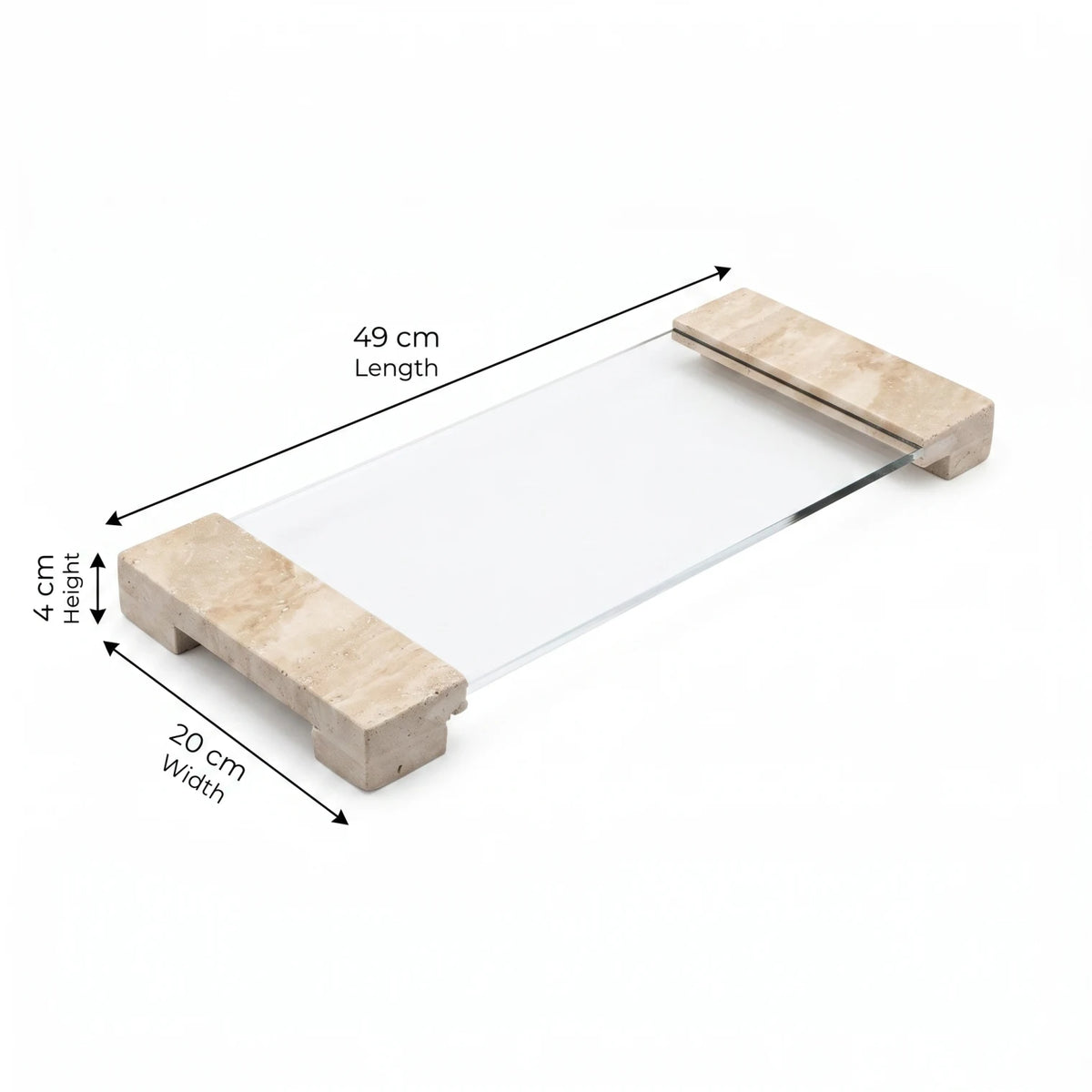 Glass Decorative Serving Tray – 49 x 20 x 4 cm | Natural Stone Handles & Legs