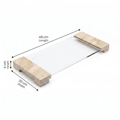 Glass Decorative Serving Tray – 49 x 20 x 4 cm | Natural Stone Handles & Legs