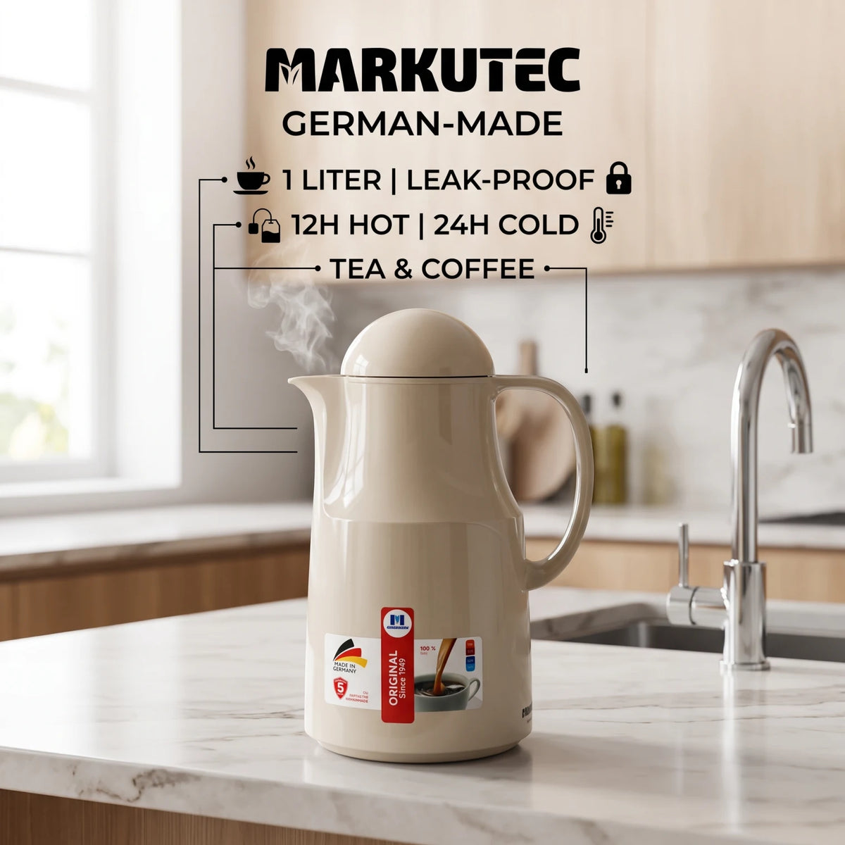 Markutec Vacuum Flask 1 Liter Beige – Leak-Proof Plastic Body for Tea and Coffee, Keeps Drinks Hot or Cold