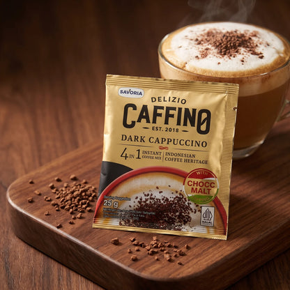 SAVORIA DELIZIO CAFFINO Dark Cappuccino 500g – 20 Sachets | 4 IN 1 Instant Coffee Mix with CHOC MALT TOPPING