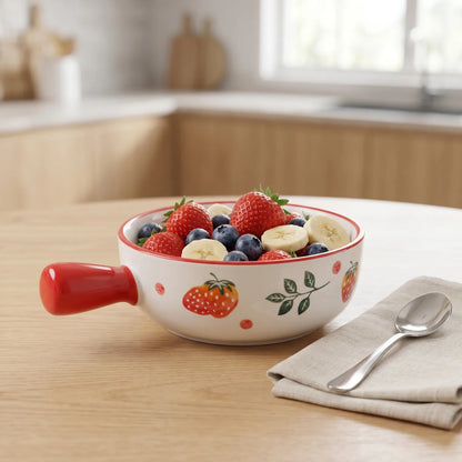 Fine Porcelain 16 CM Bowl with Handle – White Bowl with Red Trim, Strawberry and Leafy-Vine Pattern, Glossy Handled Tableware