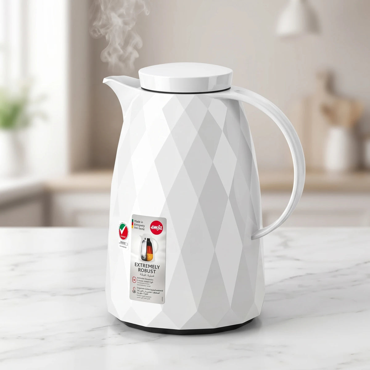Emsa Auberge Diamond White Vacuum Flask 1.5 Liter – Premium Plastic Body | Leak Proof | Keeps Drinks Hot 12 Hours or Cold 24 Hours