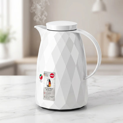 Emsa Auberge Diamond White Vacuum Flask 1.5 Liter – Premium Plastic Body | Leak Proof | Keeps Drinks Hot 12 Hours or Cold 24 Hours