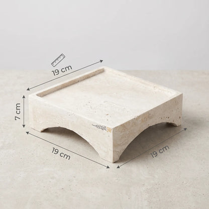 Natural Travertine Marble Tray Stand – 19 x 19 x 7 cm | Raised-Edge Decorative Display Stand