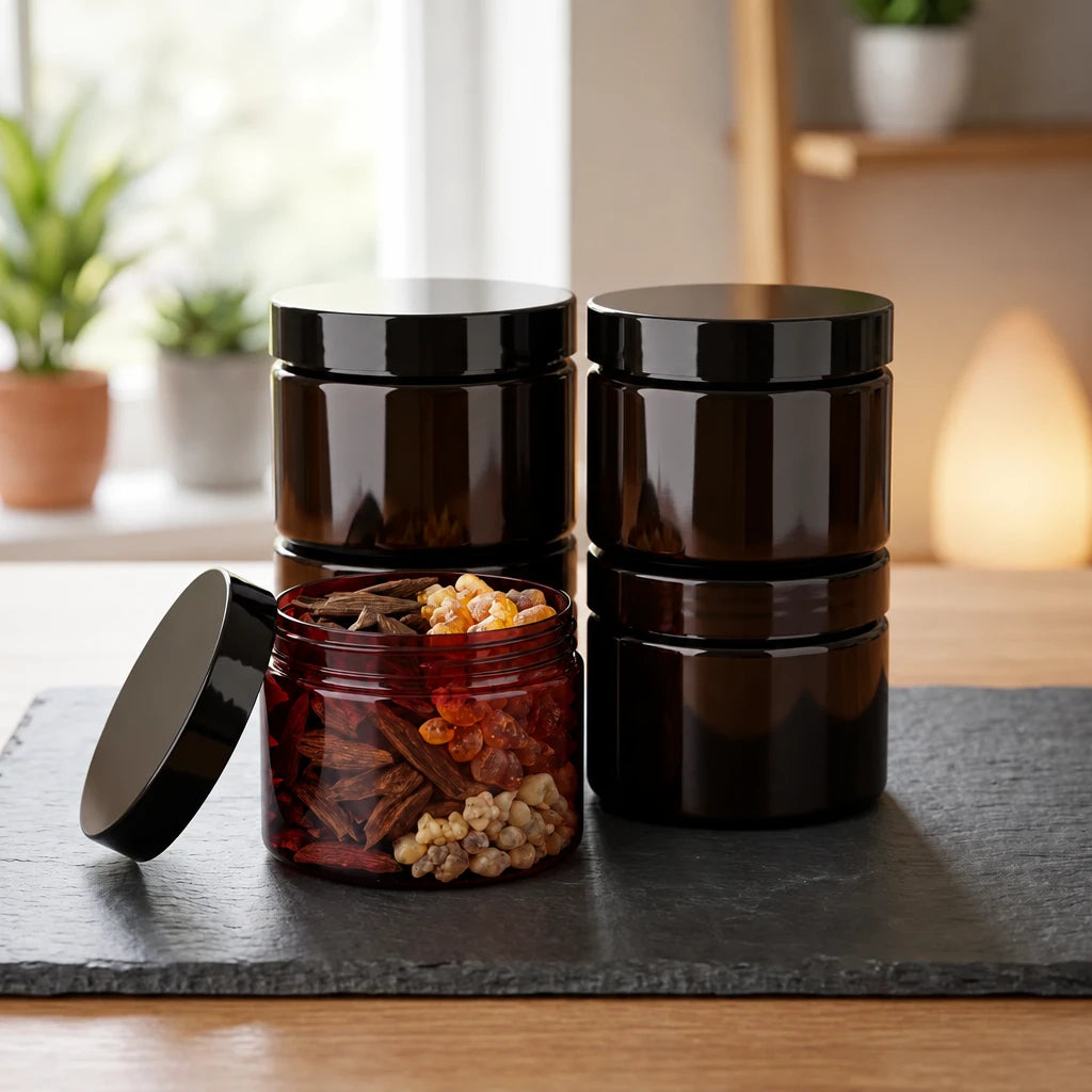 Black Incense Jar Set of 4 – 300 ML Each | High-Density Plastic Storage Containers for Organised Incense Storage at Home