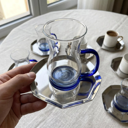 18-Piece Glass Tea & Coffee Set with Stainless Steel Saucers, Clear Cups, Dark Blue Accents & Serving Tray