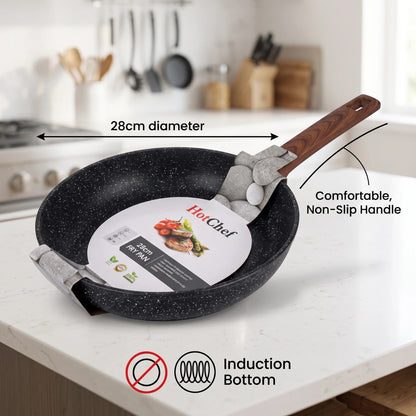 Hot Chef 28 CM Granite Coating Frying Pan – Induction Bottom | Ergonomic Handle | Heat-Resistant Glossy Exterior | Black Speckled Fry Pan