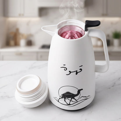 Crystal House White Vaccum Flask 1 Liter – Black Desert & Camel Artwork, Qahwa Calligraphy, Leak Proof