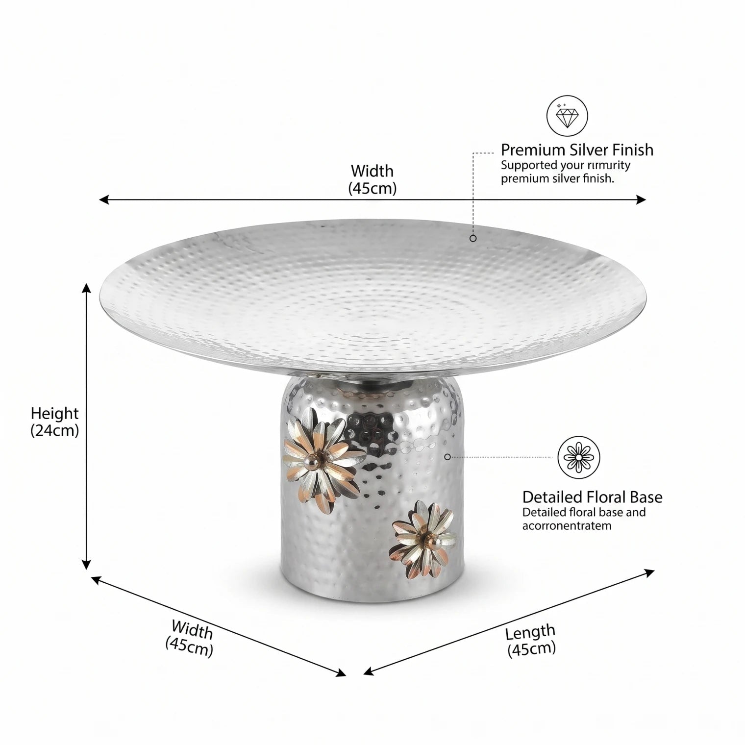 Silver Metal Round Plate with Detailed Flower Base – Extra Large 45cm Decorative Pedestal Tray for Display