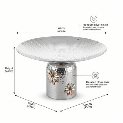 Silver Metal Round Plate with Detailed Flower Base – Extra Large 45cm Decorative Pedestal Tray for Display