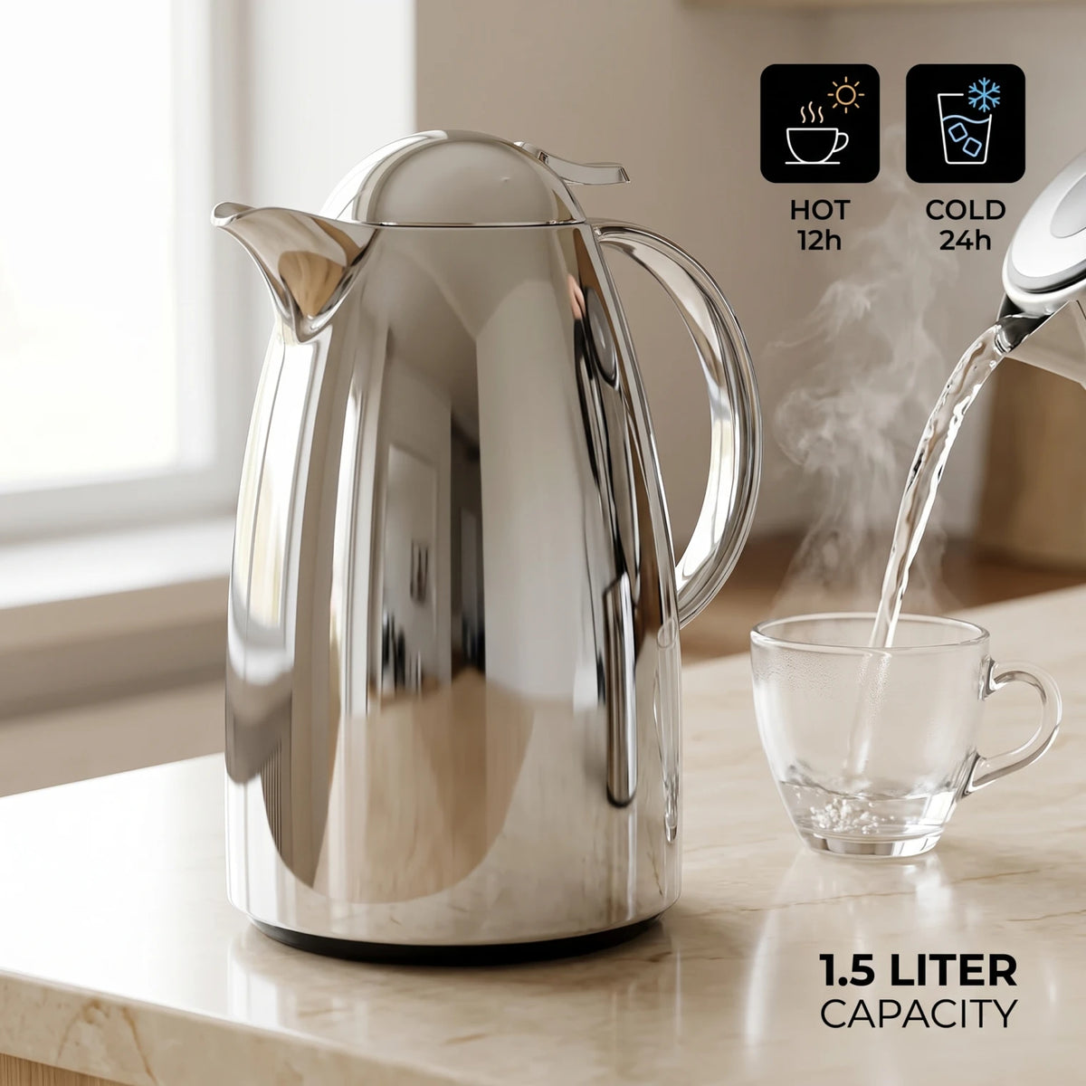 Regal Stainless Steel Vacuum Flask – Mirror Finish Chrome | 12-Hour Hot, 24-Hour Cold Tea & Coffee Server - Silver / 1.5 Liter - Image 2