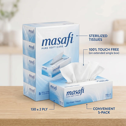 masafi PURE SOFT CARE Facial Tissue Boxes – 5-Pack, White 2-Ply Tissues, 130 x 2 ply, Sterilized Tissues for Everyday Use