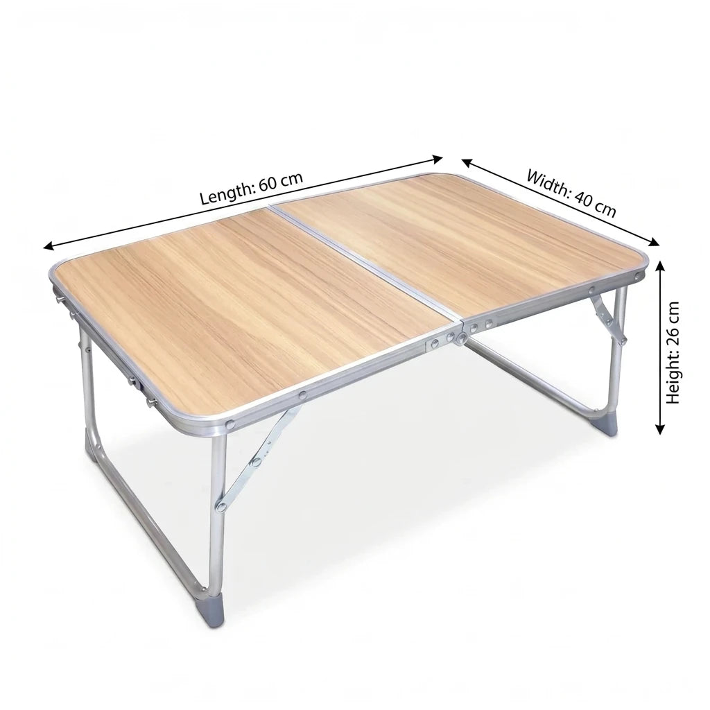 Alluminium Alloy Portable Folding Camping Table – 60 x 40 x 26 cm | Wood-Grain Finish Top | Folding Tabletop and Legs for Outdoor Use