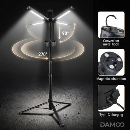 Collapsible Super Bright Work light - D78 | Black LED Work Light with Adjustable 270°/90° Head and Long Pole for Flexible Positioning