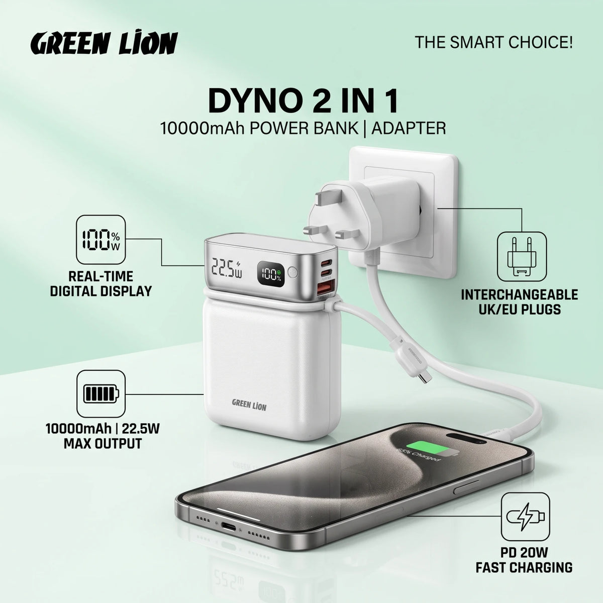 Green Lion DYNO 2 IN 1 10000mAh Power Bank and Power Adapter – Digital Display, Interchangeable UK/EU Plugs, QC 3.0, PD 20W Fast Charging