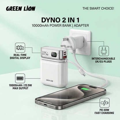 Green Lion DYNO 2 IN 1 10000mAh Power Bank and Power Adapter – Digital Display, Interchangeable UK/EU Plugs, QC 3.0, PD 20W Fast Charging