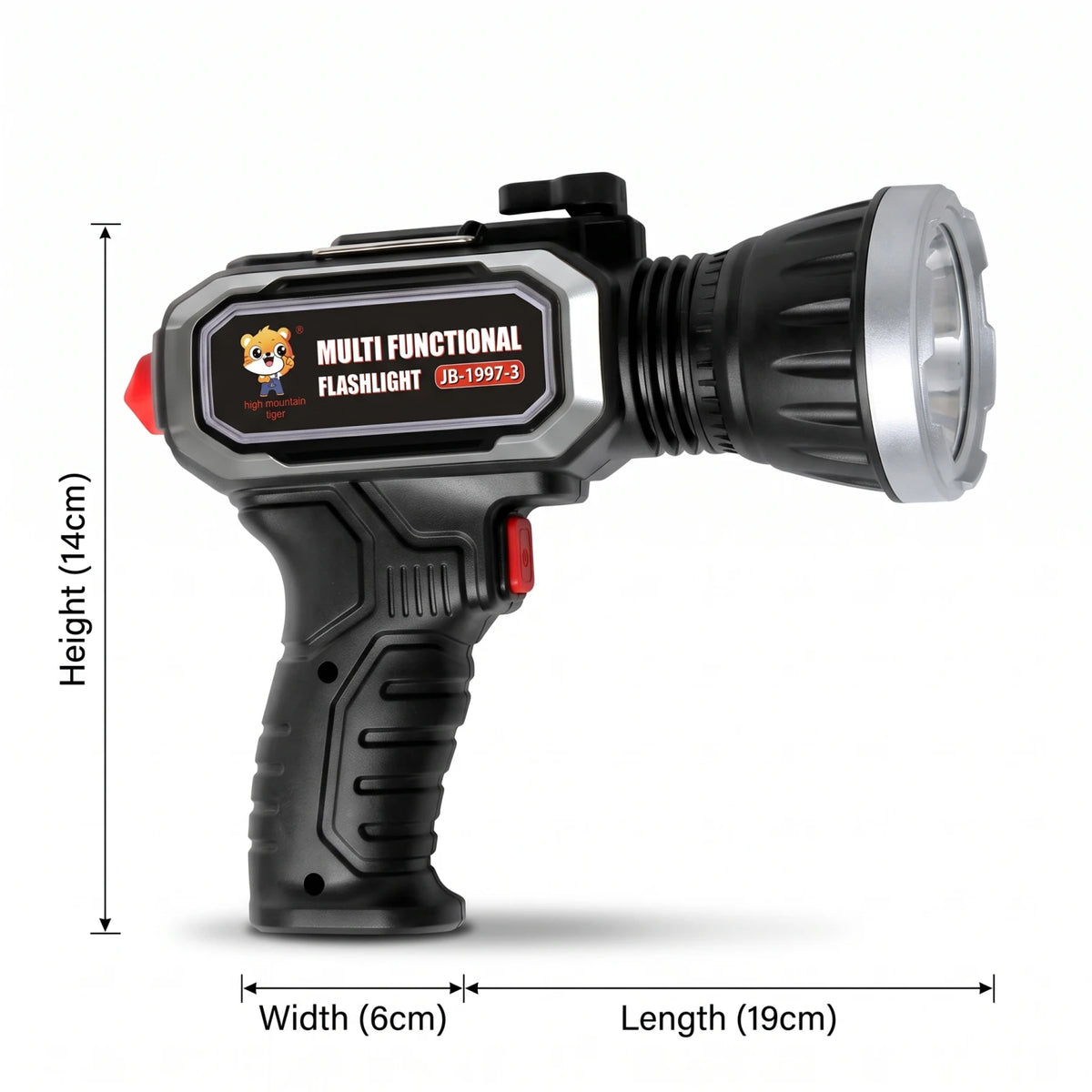 High mountain tiger Multifunctional Flashlight – 14 cm Height x 6 cm Width x 19 cm Length | Rechargeable, Solar & Type-C Charging, Front Beam and Side Light Panel