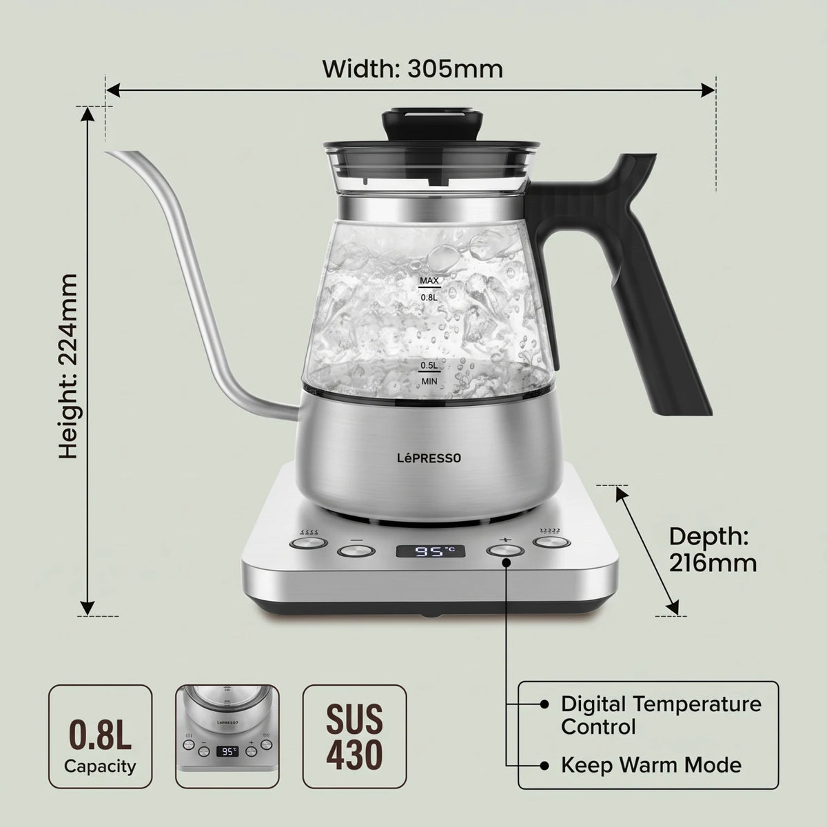LePRESSO BrewWave Gooseneck Electric Kettle – 0.8L Stainless Steel | Digital Temperature Control | Keep Warm Mode | Temperature Display